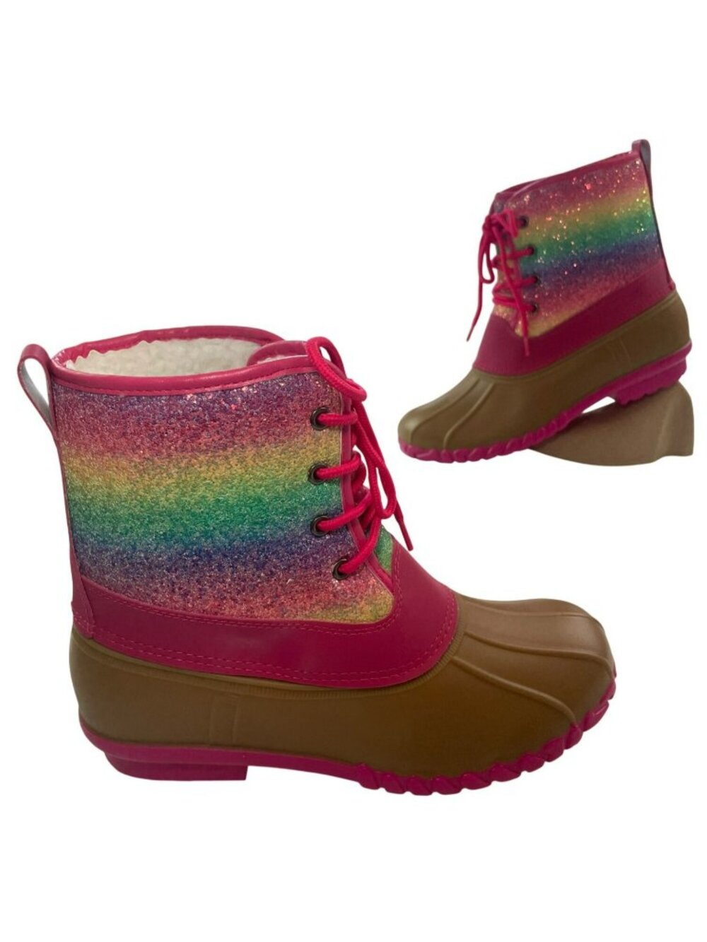 FabKids Ombre Glitter Lace Up DuckBoot Pink Laces Faux Fur Lining Girls Sz 7 NEW